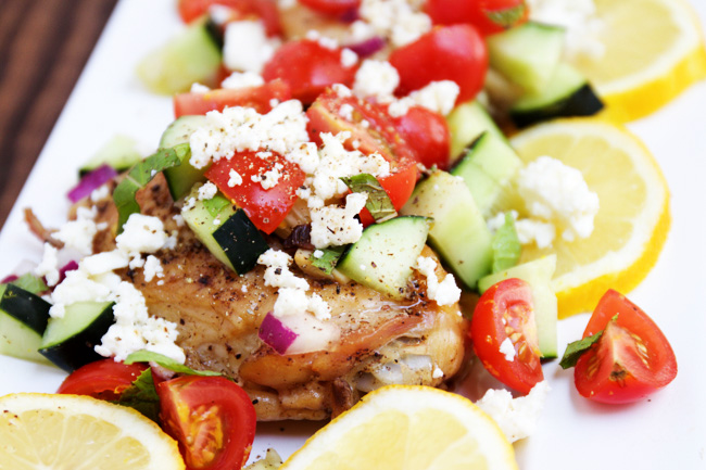 Mediteranean chicken with lemon, feta, tomato, and cucumbers
