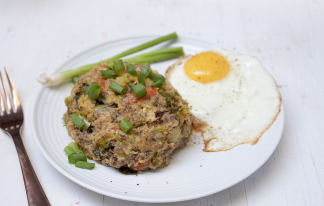 Autumn harvest bubble and squeak with a fried egg