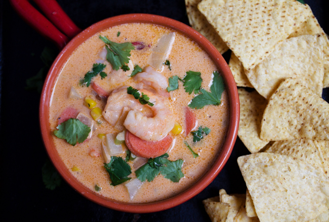 Chipotle shrimp chowder with tortilla chips