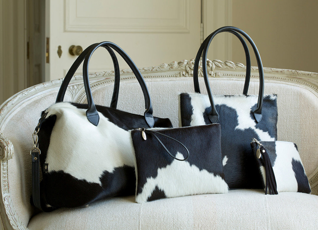 black and white cowhide bags by Hyde and Hare