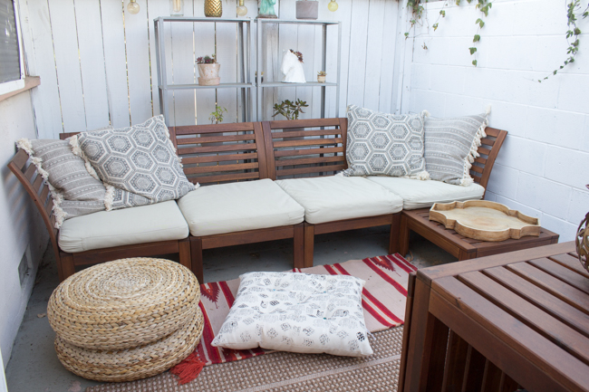 outdoor area with revamped fabric stamped pillows