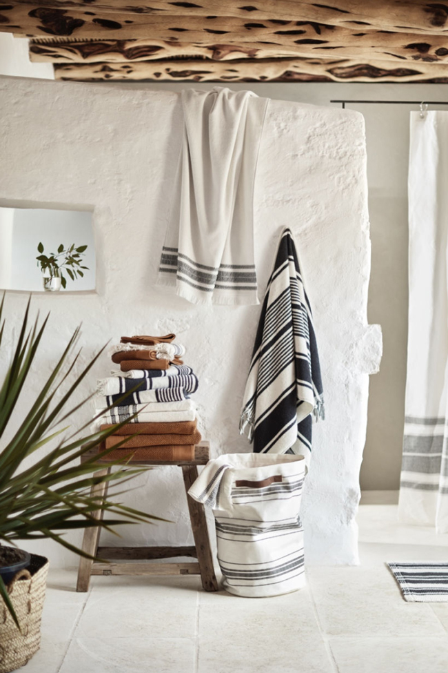 black and white towels and rustic decor