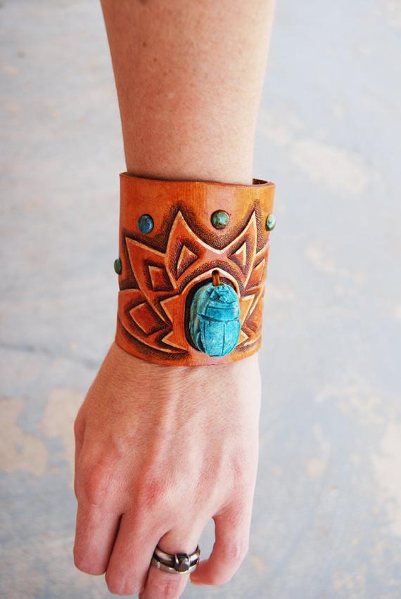 Tooled leather and turquoise bracelet