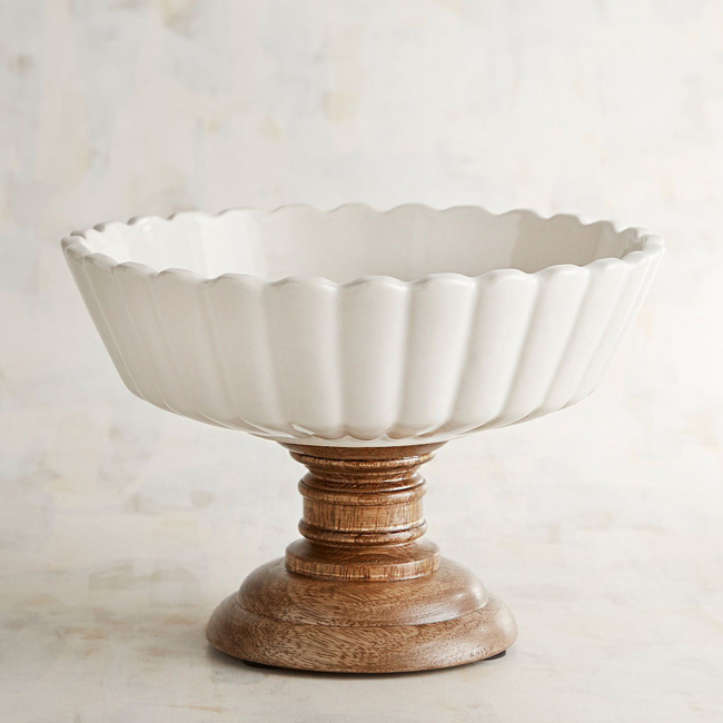 white ceramic and wooden serving bowl