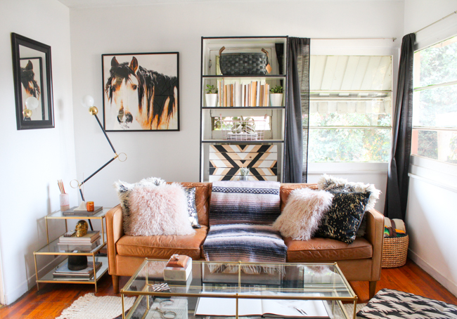 Western modern glam living room tour belonging to an equestrian blogger