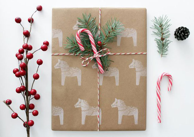 Hand printed Christmas Dala horse wrapping paper