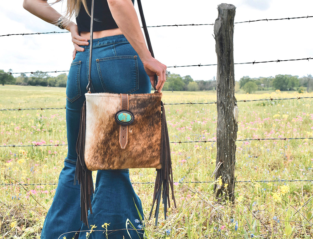 Cowhide purse with Kingman turquoise