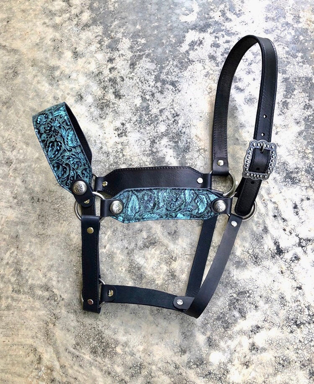 Handmade leather halter - black with tooled leather