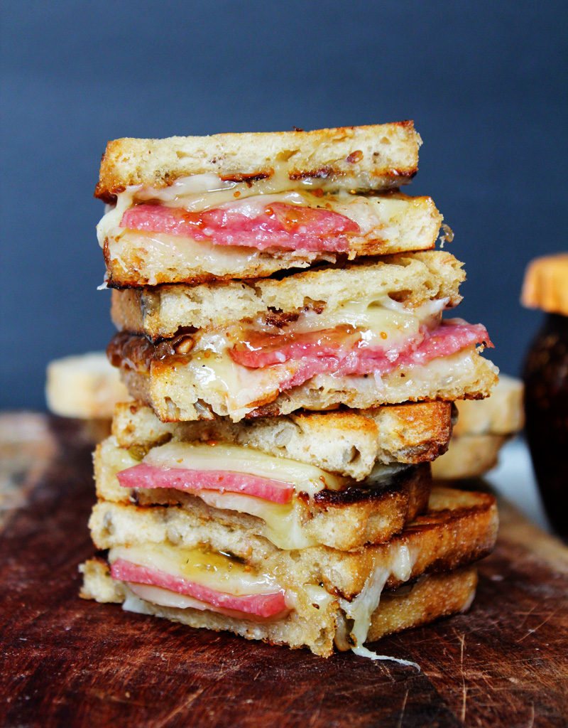 Sweet and savory white cheddar, fig and salami grilled cheese