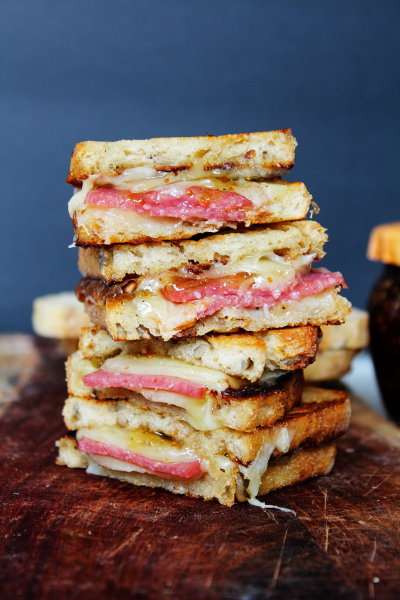 Sweet and savory white cheddar, fig and salami grilled cheese