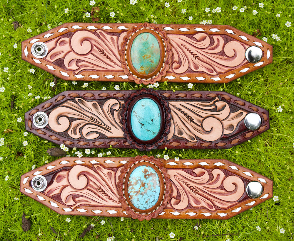 Tooled leather cuffs with Kingman turquoise