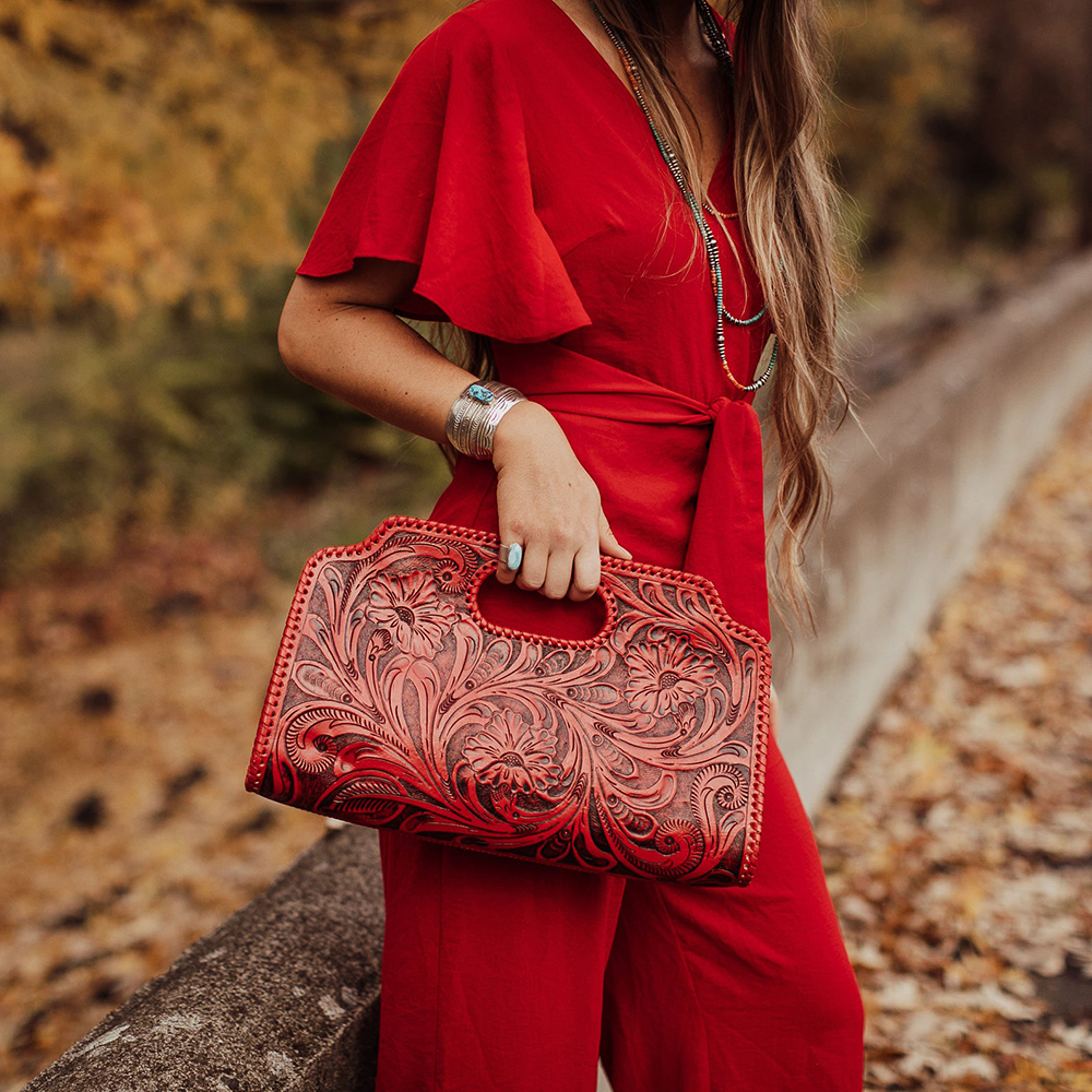 Tooled red leather bag