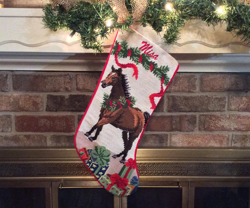 Bay horse personalized needlepoint Christmas stocking