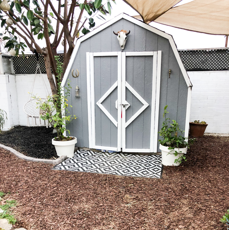 Grey and white shed makeover