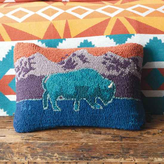 Turquoise bison hooked throw pillow