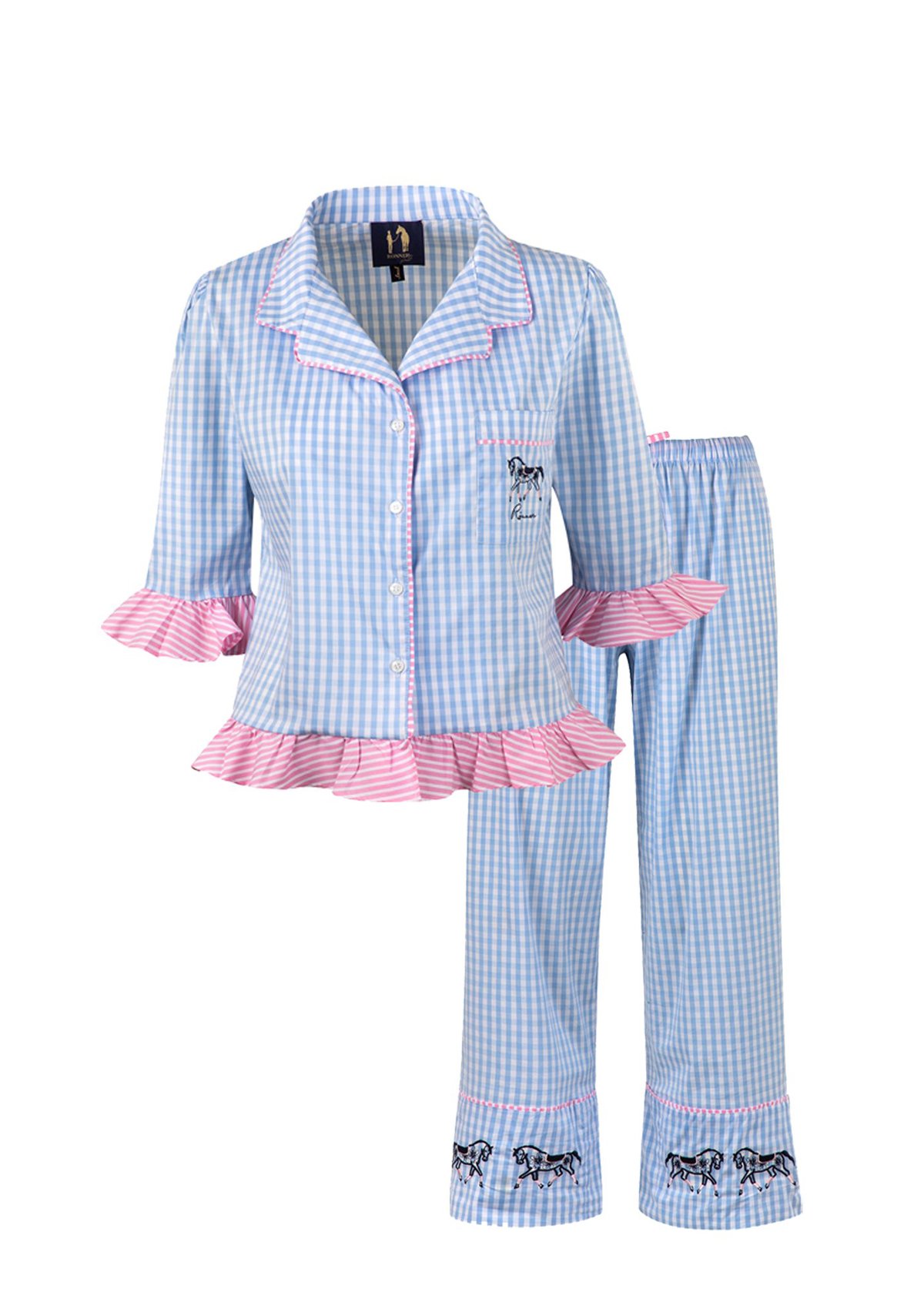 Blue gingham cotton pajama set with pink trim