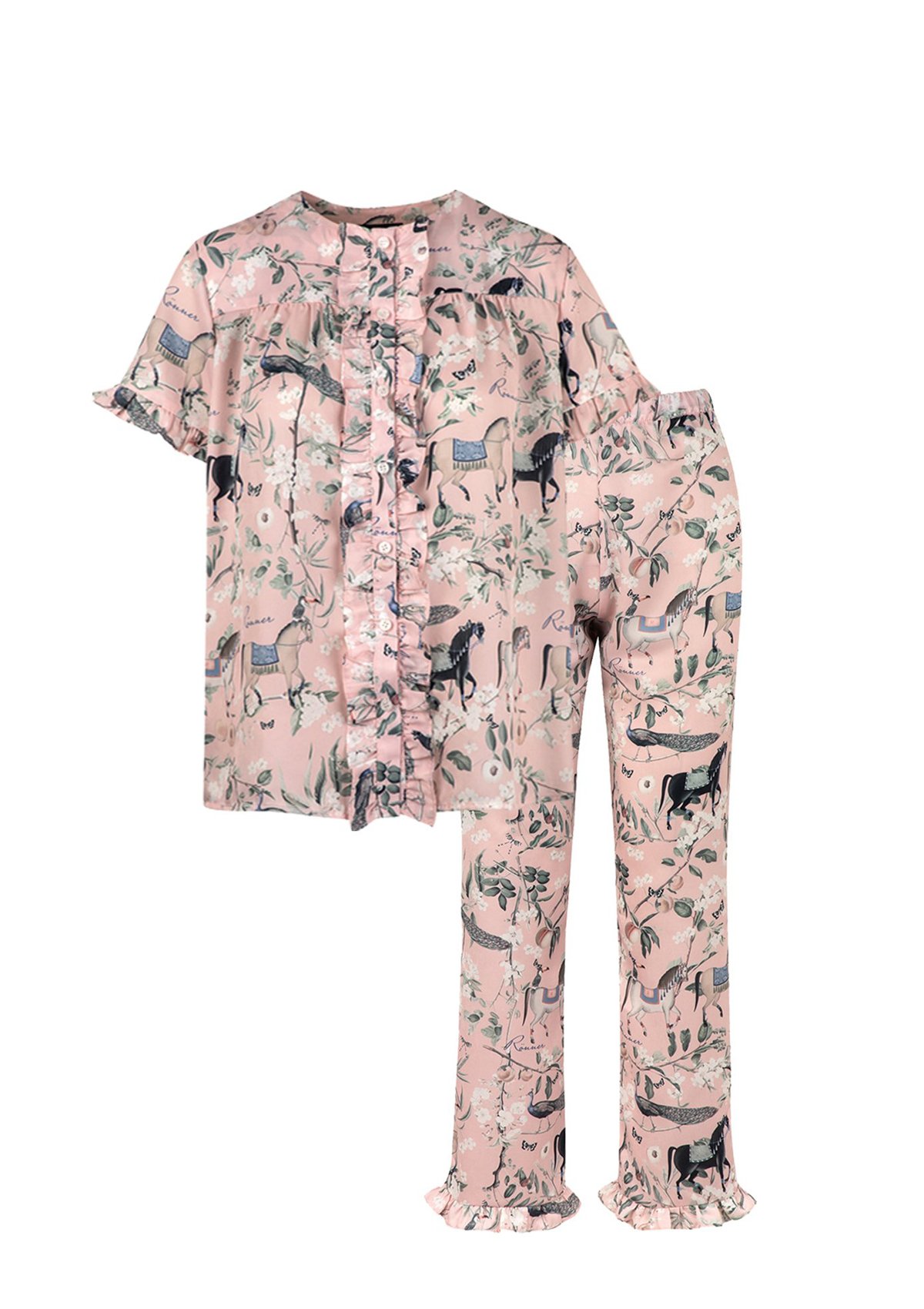Pink ruffled horse print pajama set