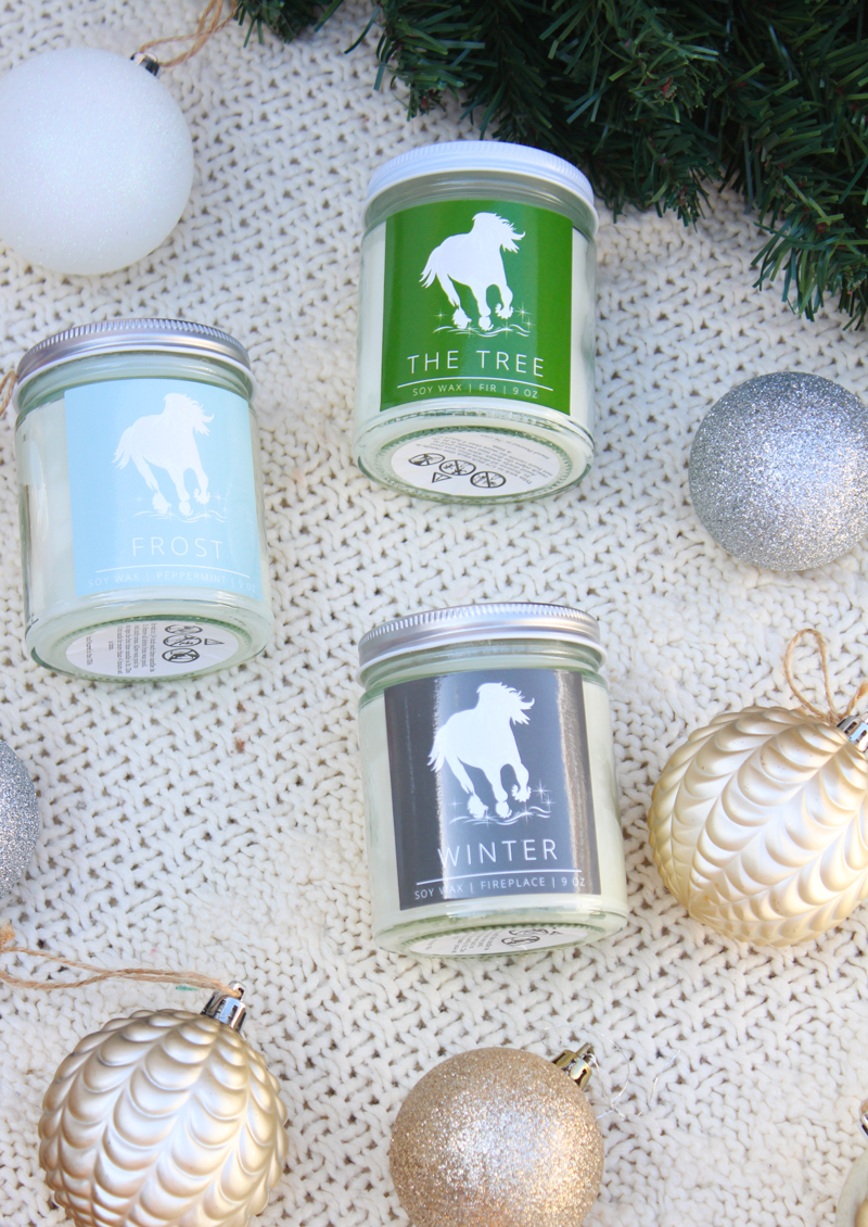Winter and holiday equestrian themed candles