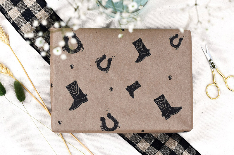 Cowboy boot and horseshoe wrapping paper