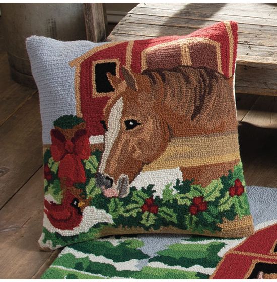 Holiday chestnut horse hooked throw pillow
