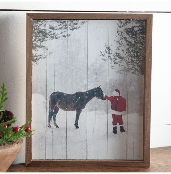 Santa with horse wood framed art