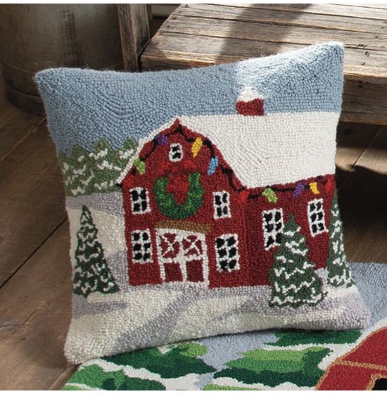 Winter barn hooked wool throw pillow