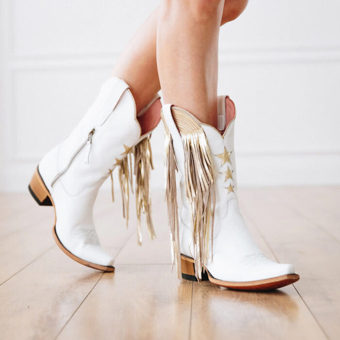 White and gold fringe cowboy boots